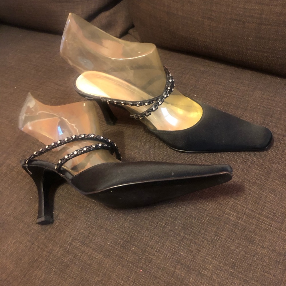 Black satin heels with rhinestone accented straps